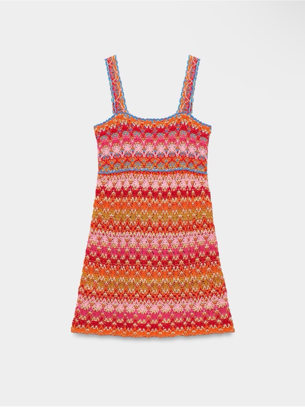 Zara Multicolor Crochet Mini Dress — Pink, Orange & Red